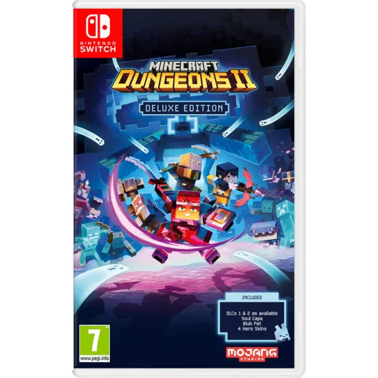 Nintendo Switch game case for Minecraft Dungeons II Deluxe Edition displaying heroes fighting mobs with legendary gear