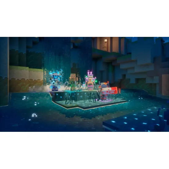 A Nintendo Switch 2 game case featuring a squad of four blocky heroes clad in glowing diamond and netherite armour clashing with an army of brand new shadow mobs inside a glowing portal chamber