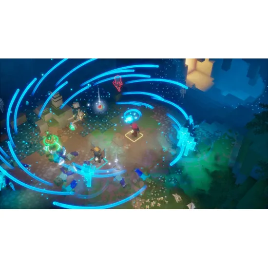 A Nintendo Switch 2 game case featuring a squad of four blocky heroes clad in glowing diamond and netherite armour clashing with an army of brand new shadow mobs inside a glowing portal chamber