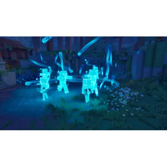 A Nintendo Switch 2 game case featuring a squad of four blocky heroes clad in glowing diamond and netherite armour clashing with an army of brand new shadow mobs inside a glowing portal chamber