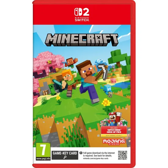 Nintendo Switch 2 game case for Minecraft showing iconic blocky landscapes, Steve, and Alex building structures