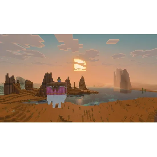 Nintendo Switch 2 game case for Minecraft showing iconic blocky landscapes, Steve, and Alex building structures