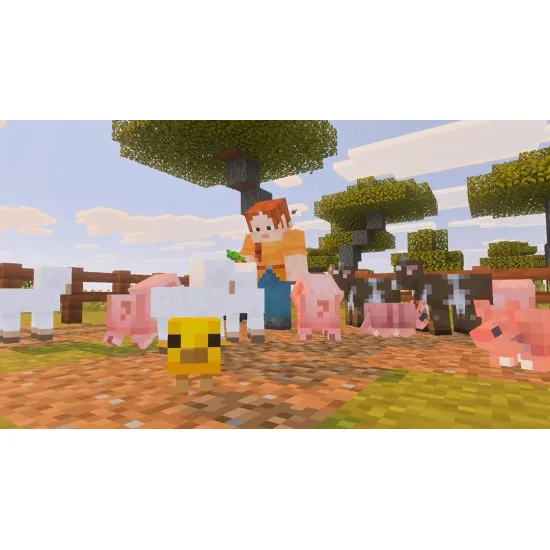 Nintendo Switch 2 game case for Minecraft showing iconic blocky landscapes, Steve, and Alex building structures