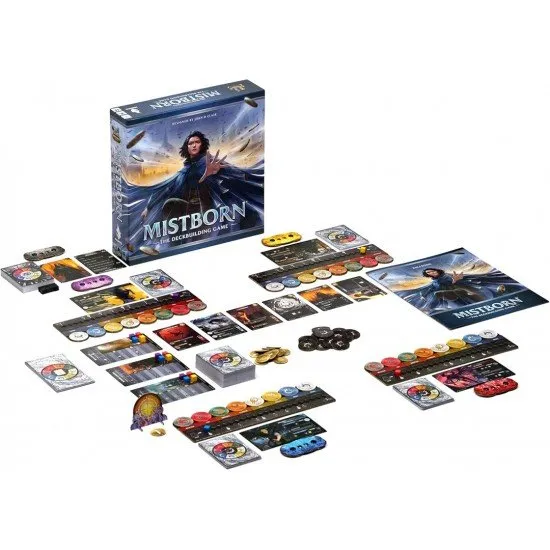 Mistborn The Deckbuilding Game The box art for Mistborn: The Deckbuilding Game, featuring a Mistborn character standing in a volcanic ash-filled city.