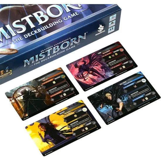 Mistborn The Deckbuilding Game The box art for Mistborn: The Deckbuilding Game, featuring a Mistborn character standing in a volcanic ash-filled city.
