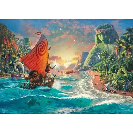Thomas Kinkade Disney Moana 1000 piece jigsaw puzzle box featuring Moana, Maui and Heihei on a boat at sunrise approaching Te Fiti