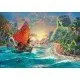 Thomas Kinkade Disney Moana 1000 piece jigsaw puzzle box featuring Moana, Maui and Heihei on a boat at sunrise approaching Te Fiti