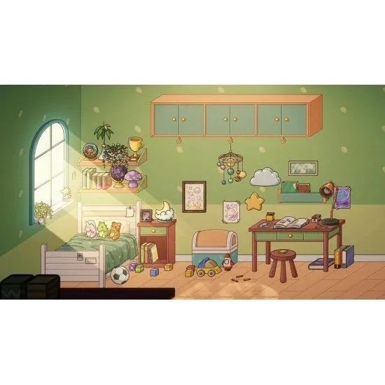 A small child's room with a wooden train set on the floor and a bright window view of a garden