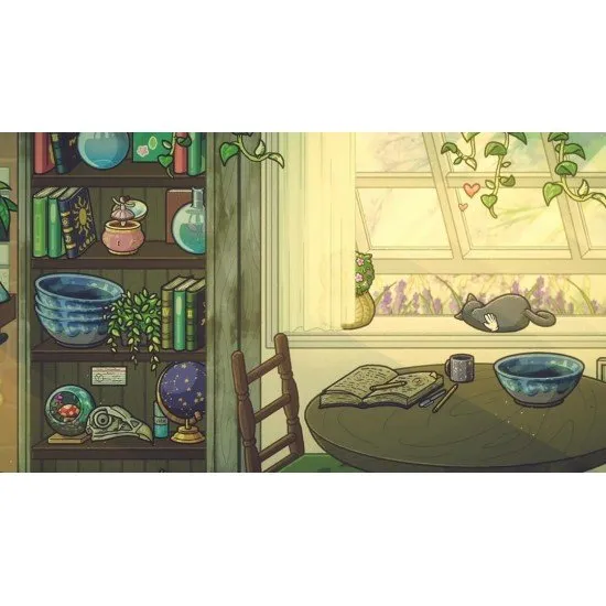 A small child's room with a wooden train set on the floor and a bright window view of a garden