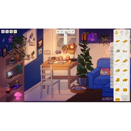 A small child's room with a wooden train set on the floor and a bright window view of a garden