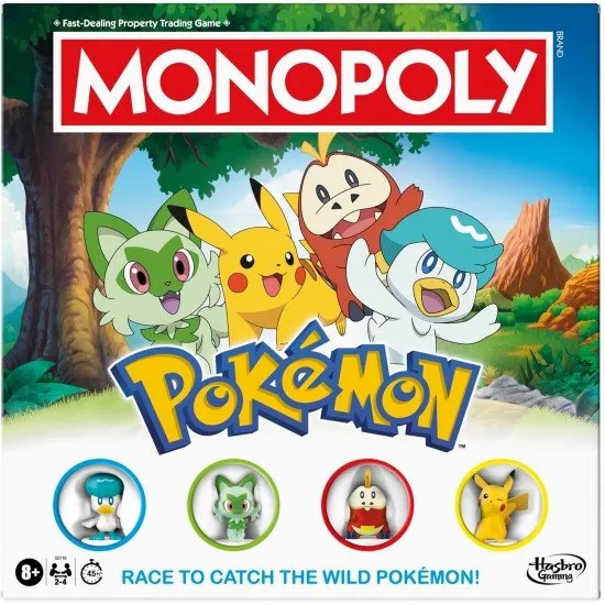 The box art for Monopoly - Pokémon Edition, showing a game board with Pokémon locations and the character tokens, including Pikachu.