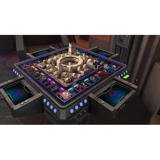 A digital Monopoly board themed with Star Wars planets and characters like Darth Maul and Princess Leia