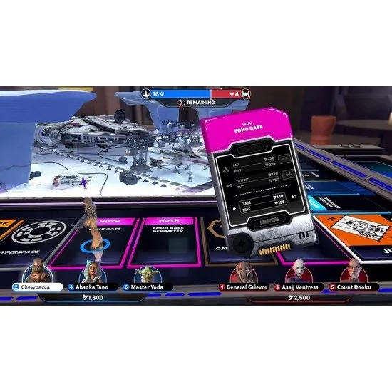 A digital Monopoly board themed with Star Wars planets and characters like Darth Maul and Princess Leia