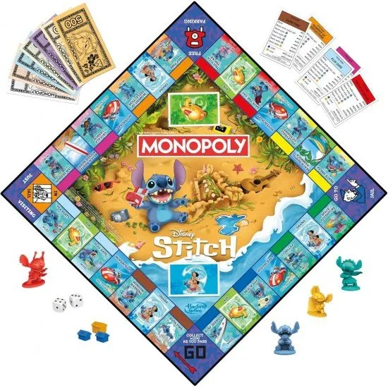 The box art for the Monopoly Disney Stitch Edition board game, showing Stitch and other characters on the themed game board with custom tokens.