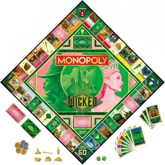 The box art for the Monopoly Wicked Edition board game, featuring characters from the film and custom golden game tokens.