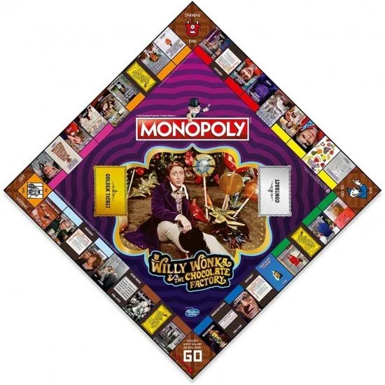 The box art for the Monopoly: Willy Wonka & the Chocolate Factory board game, featuring Gene Wilder as Willy Wonka and the game's unique tokens.
