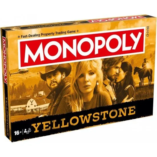 Monopoly Yellowstone Edition board game box featuring the Dutton family and custom metal cowboy tokens