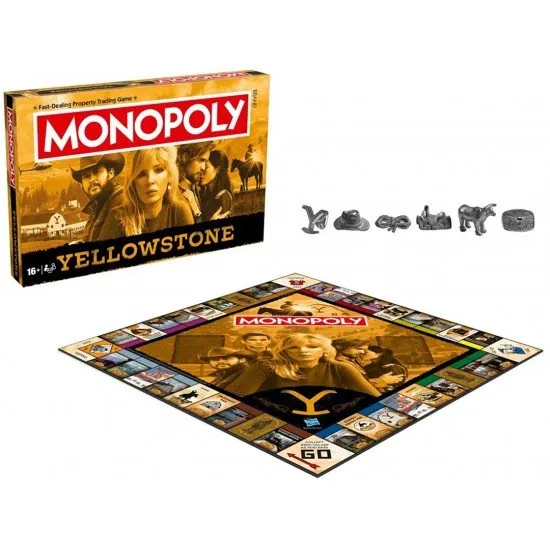 Monopoly Yellowstone Edition board game box featuring the Dutton family and custom metal cowboy tokens