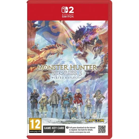 Monster Hunter Stories 3: Twisted Reflection game cover showing the Rathalos Rider (heir to Azuria), Princess Eleanor, and their Monstie partners
