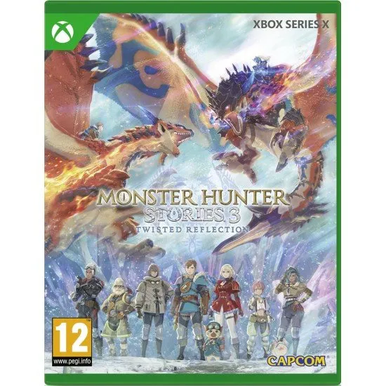 Monster Hunter Stories 3: Twisted Reflection game cover showing the Rathalos Rider (heir to Azuria), Princess Eleanor, and their Monstie partners