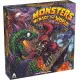 A dynamic board game box showing giant stylized monsters trampling famous international landmarks while fighter jets and tanks strike back from below