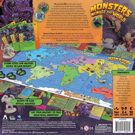 A dynamic board game box showing giant stylized monsters trampling famous international landmarks while fighter jets and tanks strike back from below