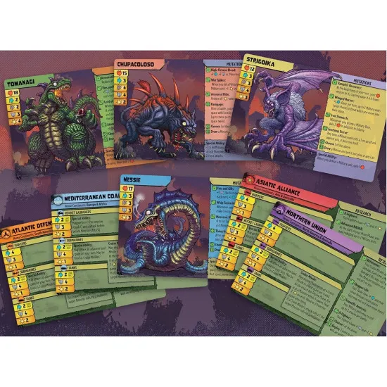 A dynamic board game box showing giant stylized monsters trampling famous international landmarks while fighter jets and tanks strike back from below