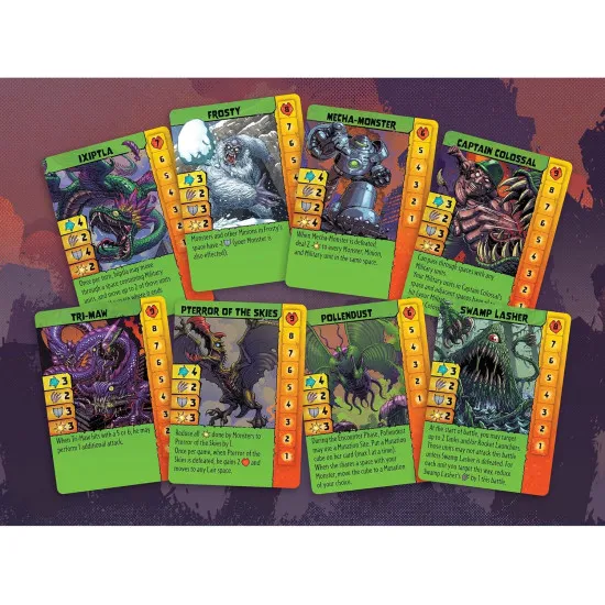 A dynamic board game box showing giant stylized monsters trampling famous international landmarks while fighter jets and tanks strike back from below