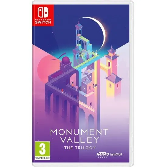 Monument Valley The Trilogy Switch The box art for Monument Valley: The Trilogy on Nintendo Switch, showing a character navigating an impossible, geometric structure in a serene landscape.
