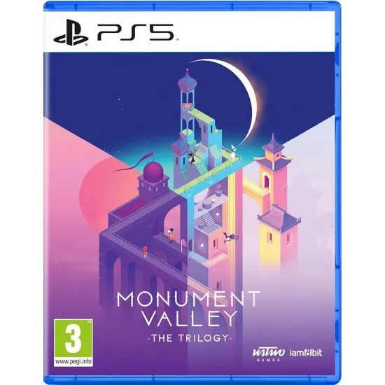 Monument Valley The Trilogy PS5 The box art for Monument Valley: The Trilogy on PS5, showing a character navigating an impossible, geometric structure in a serene landscape.