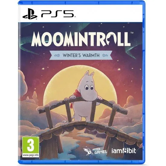 A PlayStation 5 game case showcasing Moomintroll standing in deep snow looking up at a starry winter night sky with the northern lights glowing over Moominhouse