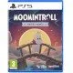 A PlayStation 5 game case showcasing Moomintroll standing in deep snow looking up at a starry winter night sky with the northern lights glowing over Moominhouse