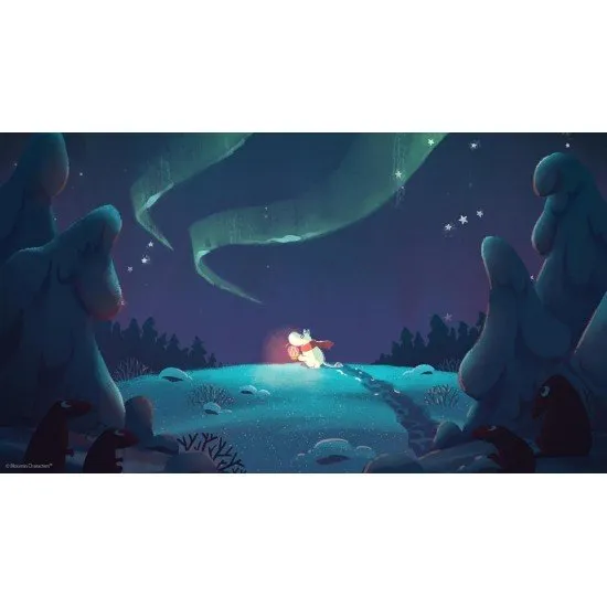 A PlayStation 5 game case showcasing Moomintroll standing in deep snow looking up at a starry winter night sky with the northern lights glowing over Moominhouse