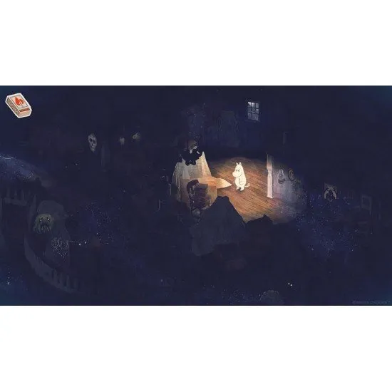 A PlayStation 5 game case showcasing Moomintroll standing in deep snow looking up at a starry winter night sky with the northern lights glowing over Moominhouse