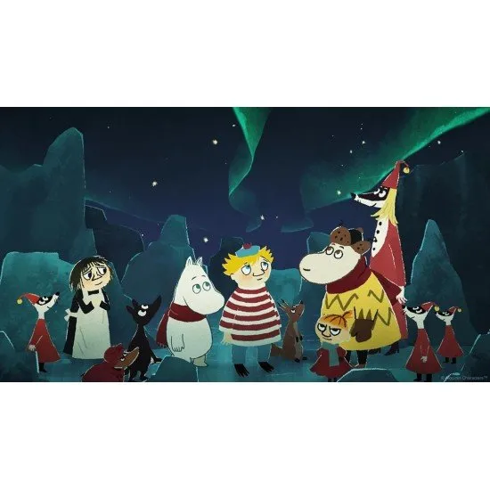 A PlayStation 5 game case showcasing Moomintroll standing in deep snow looking up at a starry winter night sky with the northern lights glowing over Moominhouse