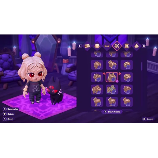 A Nintendo Switch 2 game case showcasing a cute anime style vampire character tending to a glowing purple pumpkin patch outside a haunted Victorian cottage under a starry night sky