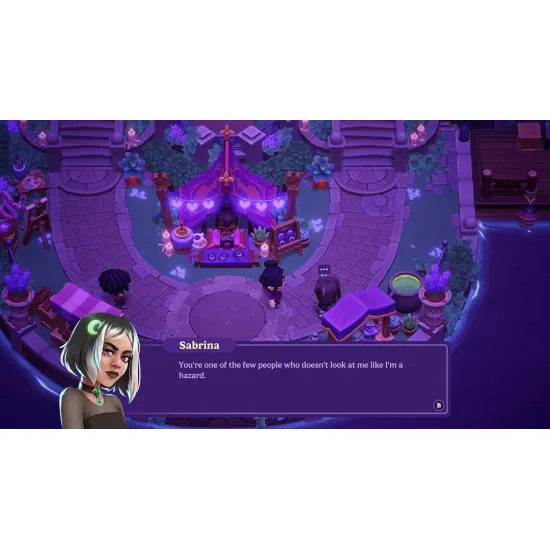 A Nintendo Switch 2 game case showcasing a cute anime style vampire character tending to a glowing purple pumpkin patch outside a haunted Victorian cottage under a starry night sky