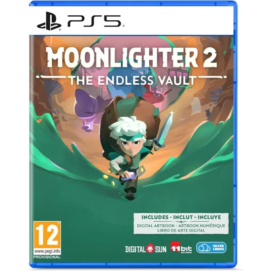 PlayStation 5 game case for Moonlighter 2 The Endless Vault displaying Will battling monsters and running his shop