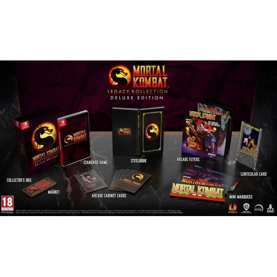 The box art for Mortal Kombat: Legacy Kollection - Deluxe Edition on Switch, showing a collage of classic characters like Scorpion and Sub-Zero.