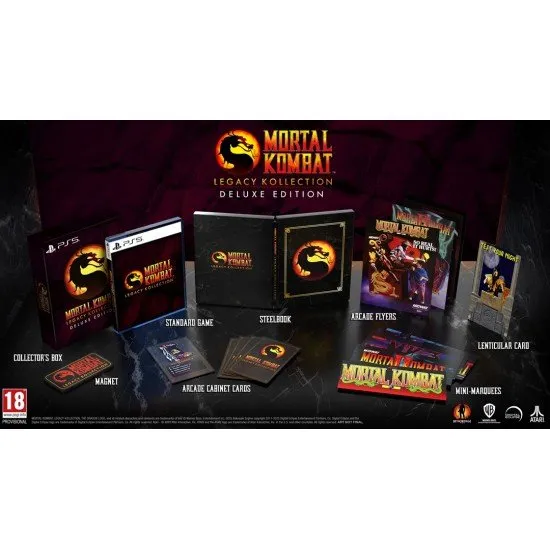 The box art for Mortal Kombat: Legacy Kollection - Deluxe Edition on PS5, showing a collage of classic characters like Scorpion and Sub-Zero.