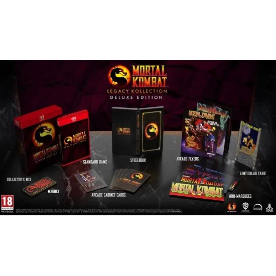 The box art for Mortal Kombat: Legacy Kollection - Deluxe Edition on Switch 2, showing a collage of classic characters like Scorpion and Sub-Zero.
