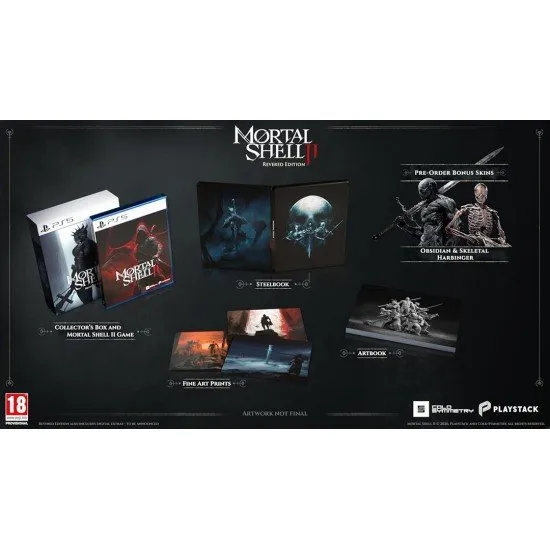 The Harbinger standing amidst a citadel carved from bone, holding a glowing weapon in a dark fantasy setting