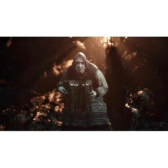 The Harbinger standing amidst a citadel carved from bone, holding a glowing weapon in a dark fantasy setting