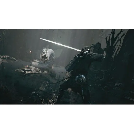 The Harbinger standing amidst a citadel carved from bone, holding a glowing weapon in a dark fantasy setting