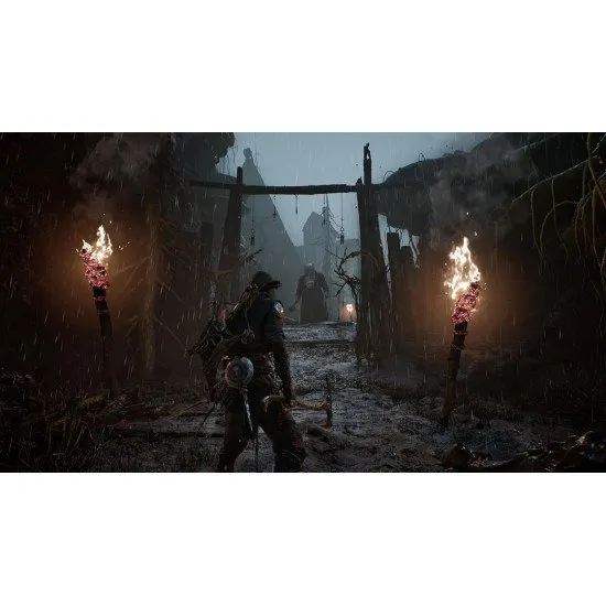 A cinematic view of the Harbinger possessing a fallen warrior in a dark, interconnected world of bone citadels