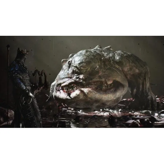 A cinematic view of the Harbinger possessing a fallen warrior in a dark, interconnected world of bone citadels