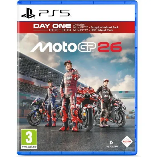 MotoGP 26 Day One Edition PS5 cover showing riders leaning into a turn on a sunlit track