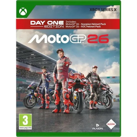 MotoGP 26 Day One Edition Xbox Series X case featuring official 2026 season bikes