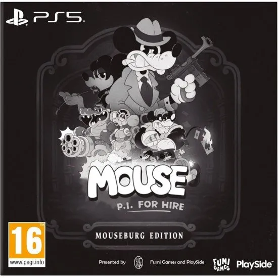 The PlayStation 5 Mouseburg Edition box with a vinyl record, baseball cards, and a comic book featuring a cartoon mouse detective