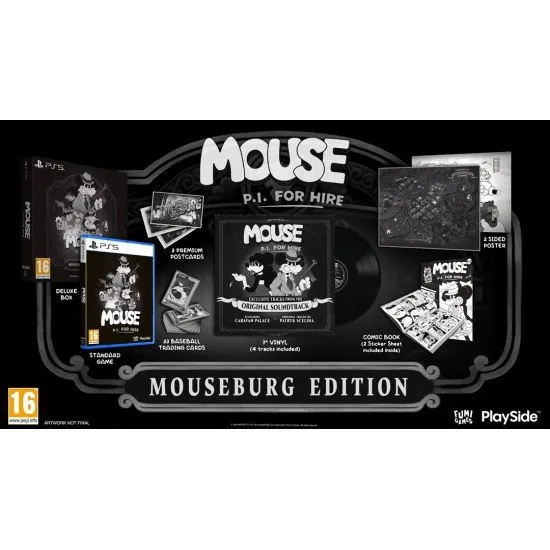 The PlayStation 5 Mouseburg Edition box with a vinyl record, baseball cards, and a comic book featuring a cartoon mouse detective